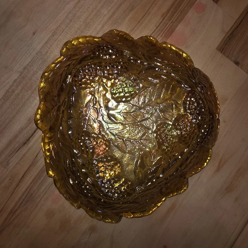 Indiana Amber Carnival Glass Vintage Marigold Loganberry Triangle Candy Nut Dish